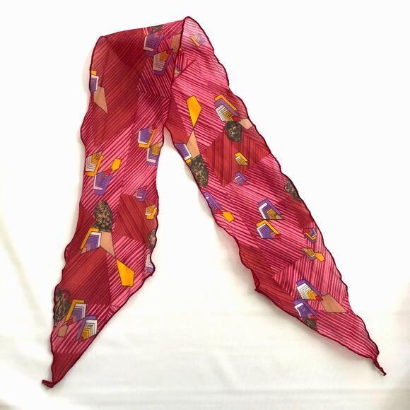 Red Geometric Print Scarf, Yellow Purple Animal Head Sheer Coquette Office Retro - Picture 6 of 6